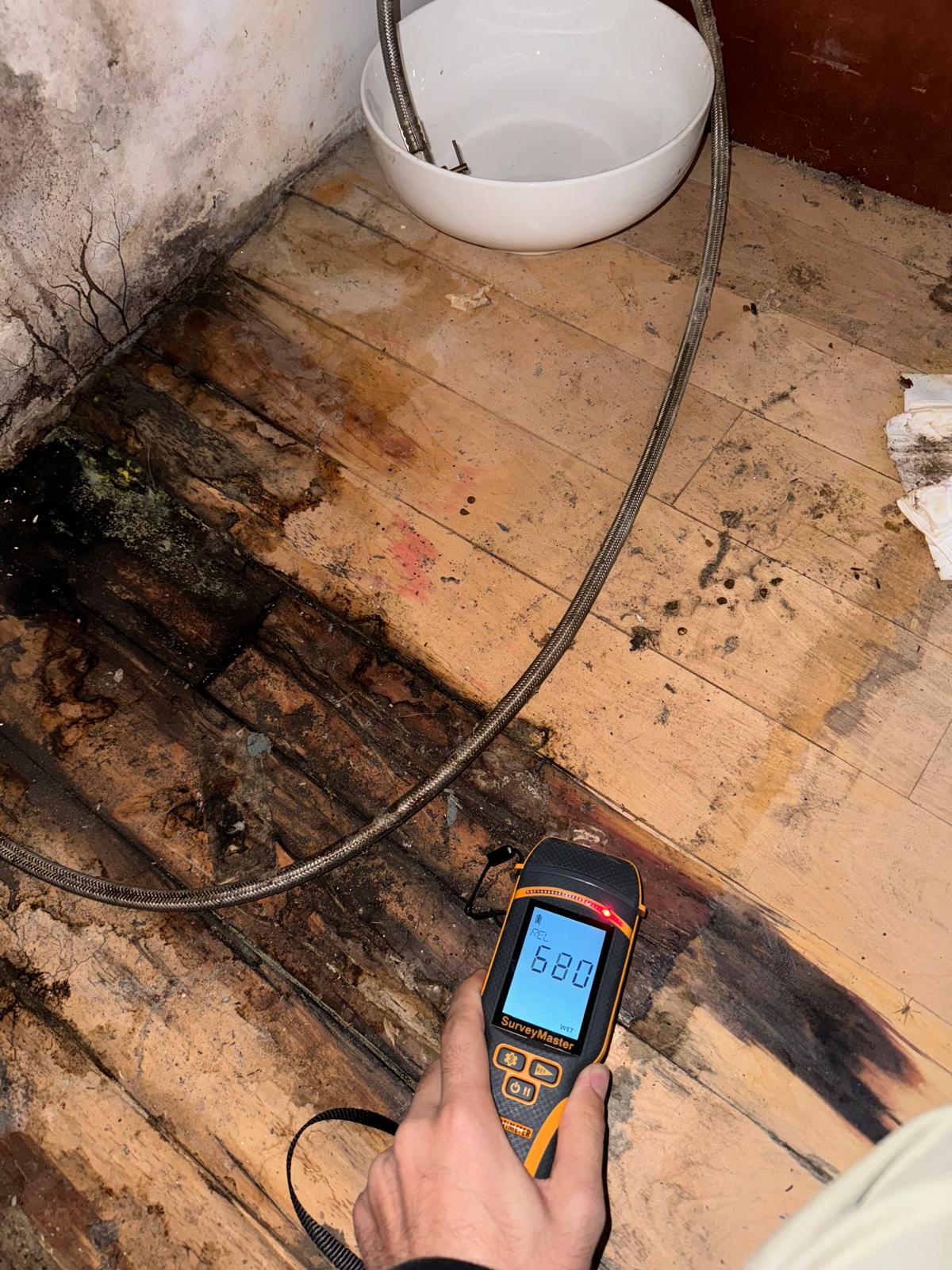Moisture meter reading elevated moisture in water-damaged flooring under a bathroom vanity