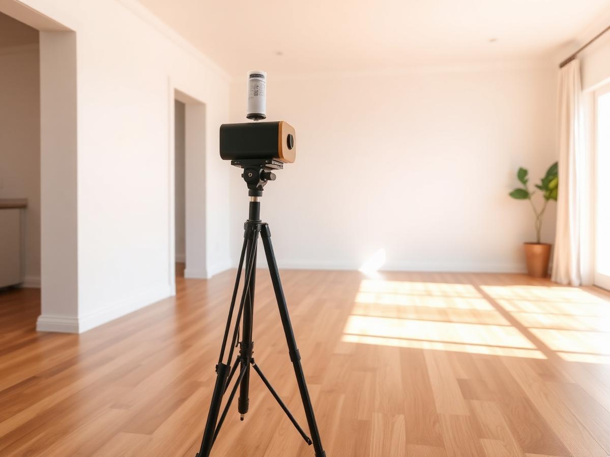 Air sampling pump set up on a tripod during an indoor air quality assessment